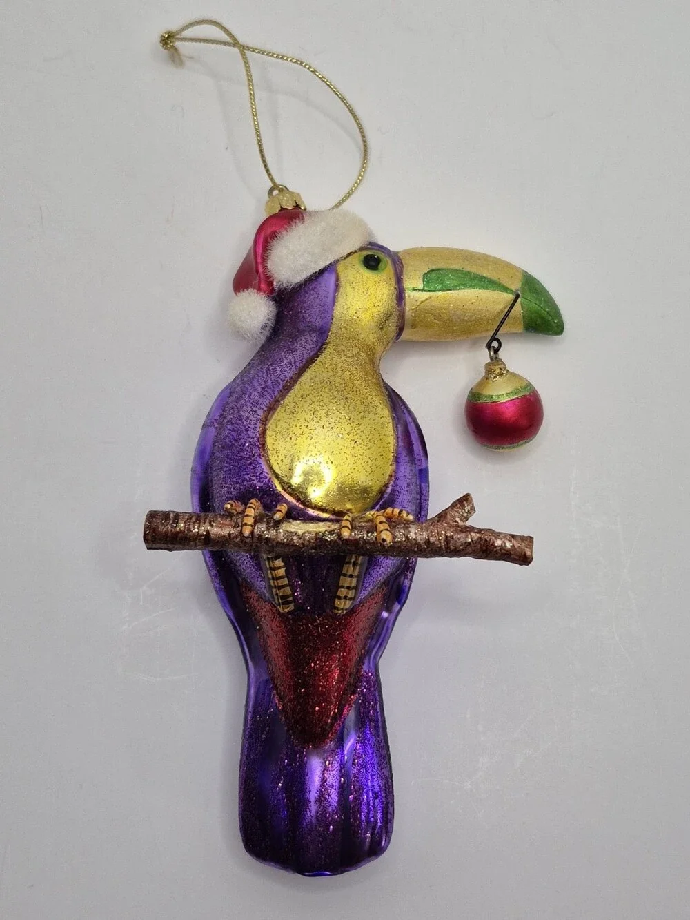 Colorful Christmas Toucan Bird with Santa Hat and Ball Ornament NWOT